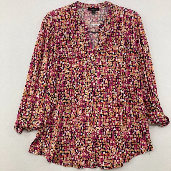 Cocomo Large Multi Color Split Neck Rolled Sleeve Pintuck Popover Blouse Office - Picture 1 of 10